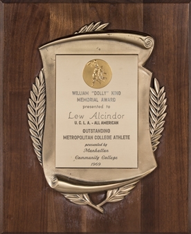 1969 Outstanding Metropolitan College Athlete Dolly King Memorial Award Plaque Presented To Lew Alcindor (Abdul-Jabbar LOA)